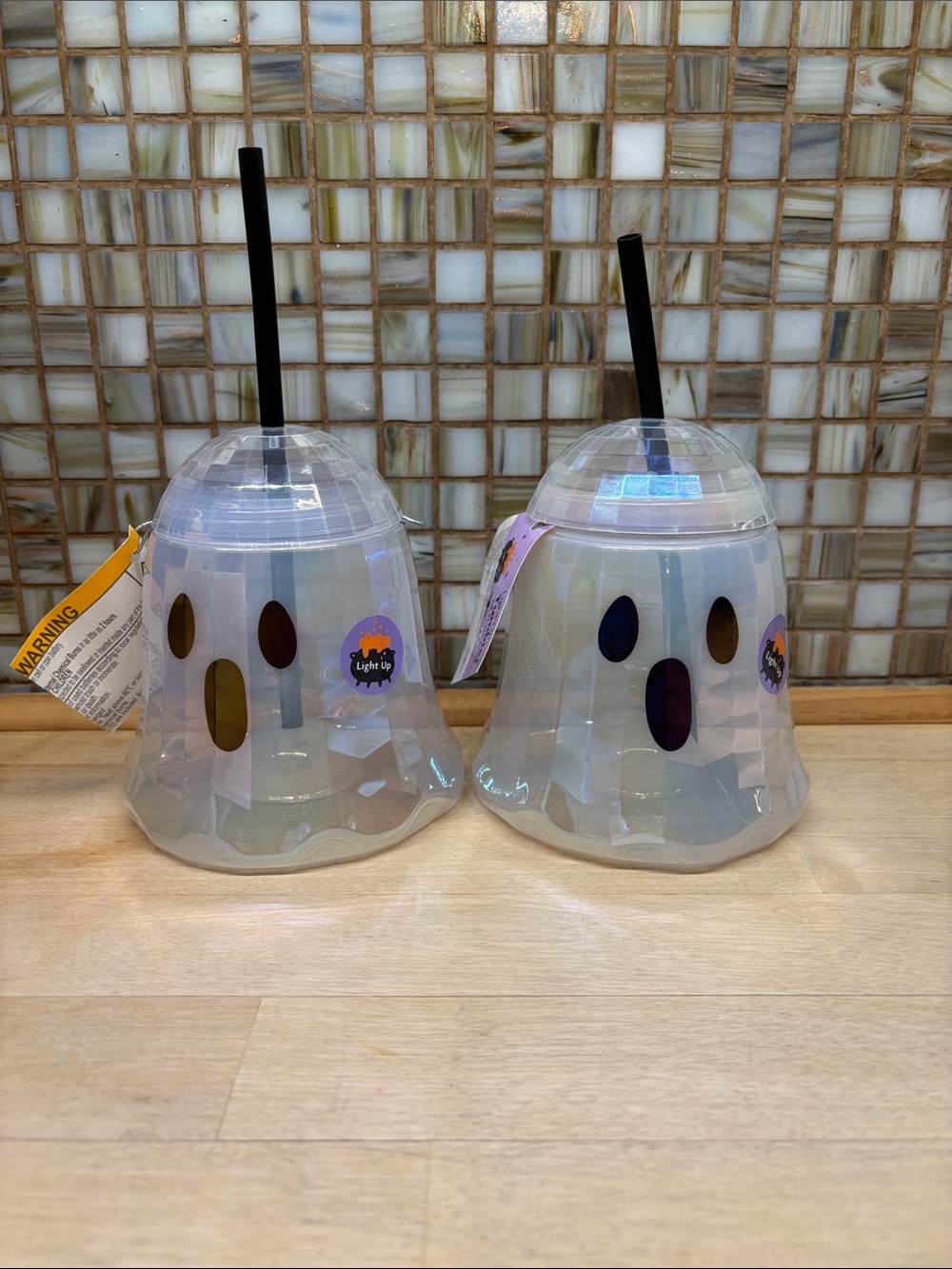 Light-Up Iridescent Ghost Party Cups with Black Straws